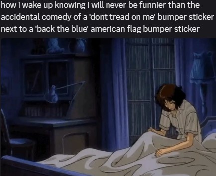 how i wake up knowing i will never be funnier than the accidental comedy of a 'dont tread on me' bumper sticker next to a 'back the blue' american flag bumper sticker [sad anime person waking up]