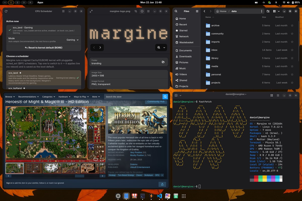 Margine OS: CPU scheduler GUI, branding, Files, Heroes III, and fastfetch